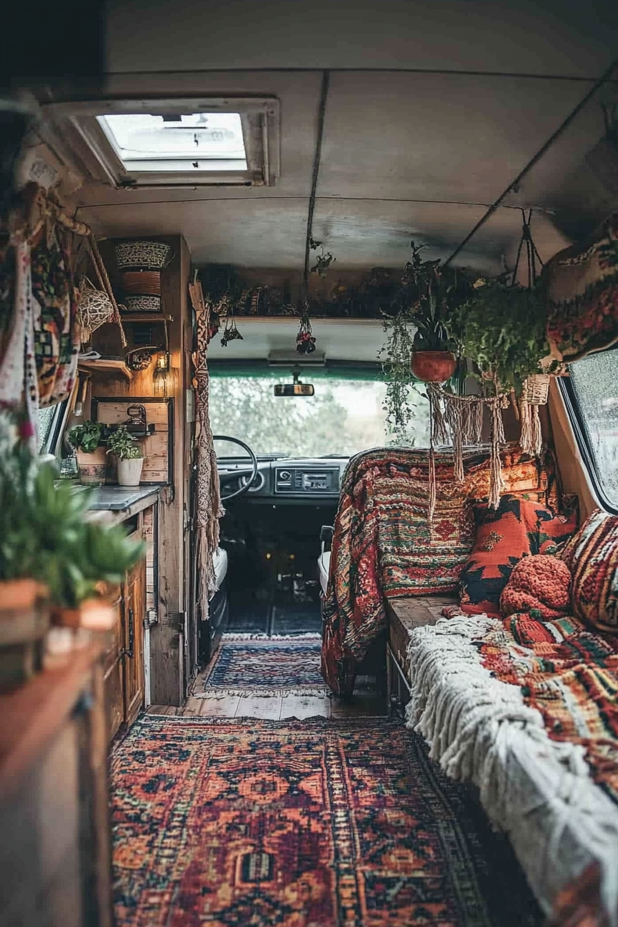 Camper interior. Persian rugs, kantha quilts, and hanging macrame planters.