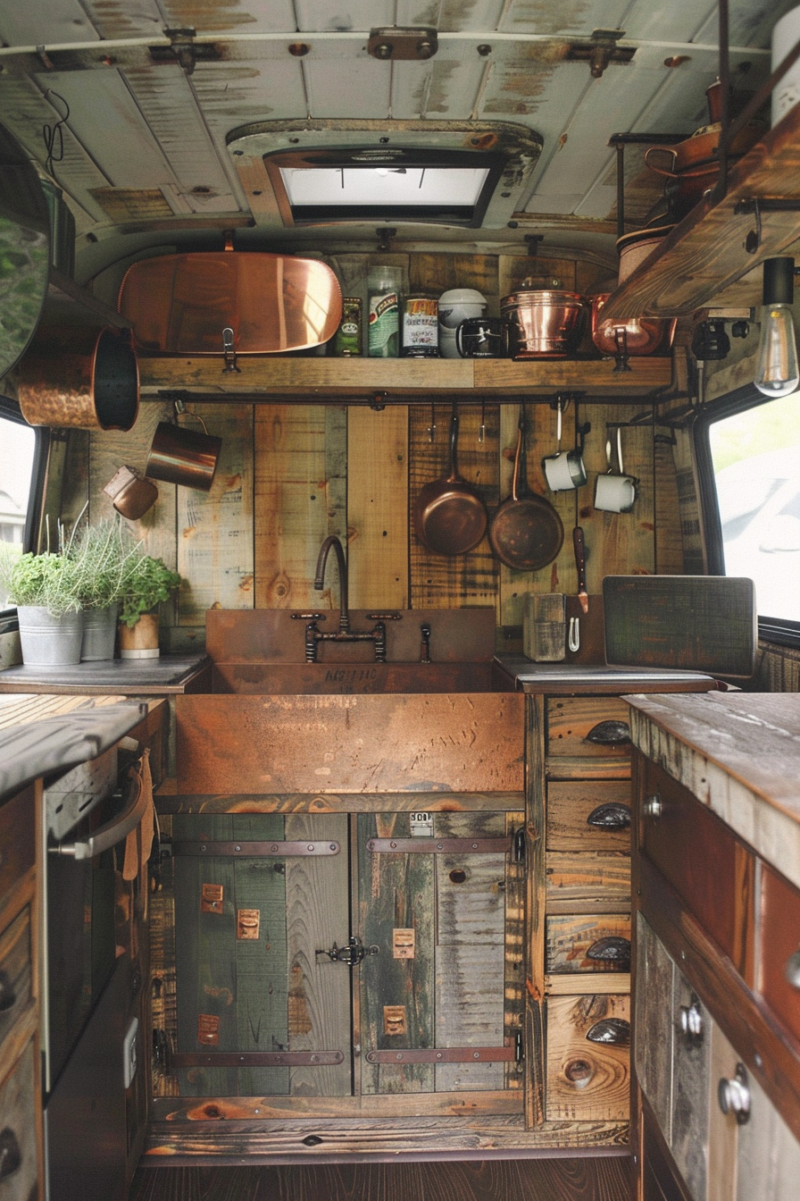 Rustic camper van kitchen. Reclaimed wood cabinets with copper accents.