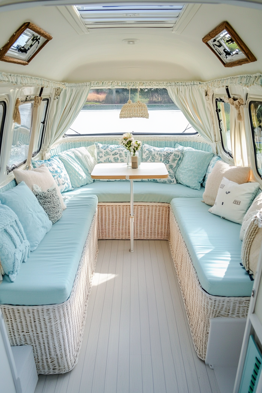 Camper van interior. White wicker seating with pastel blue upholstery.