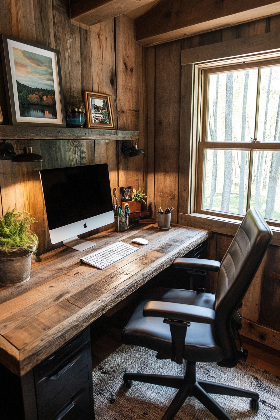 Home Office Inspiration. Rustic wooden desk with ergonomic black task chair.