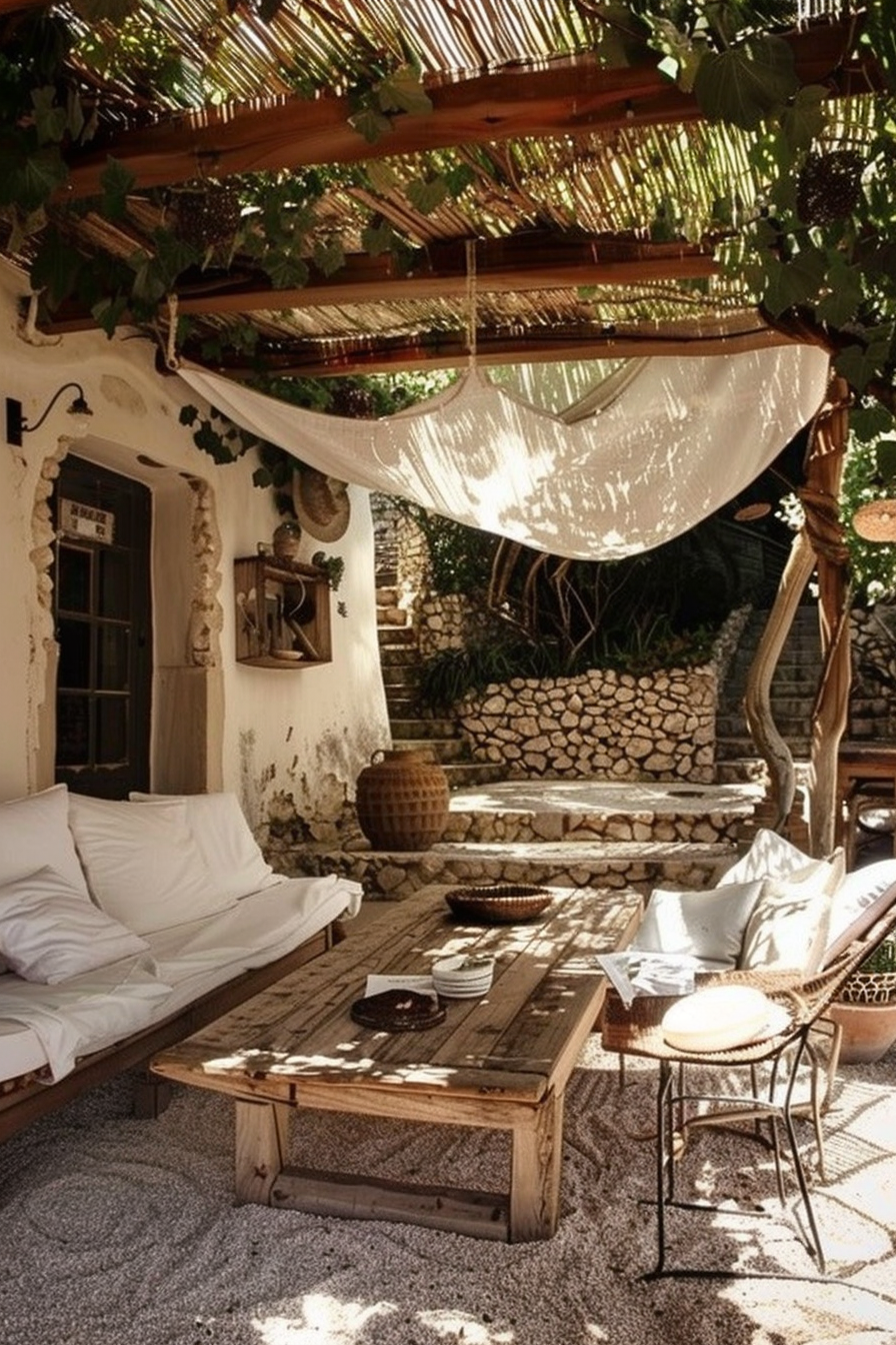 Chic Boho patio. Teak wood furniture paired with white cotton makeshift canopy.