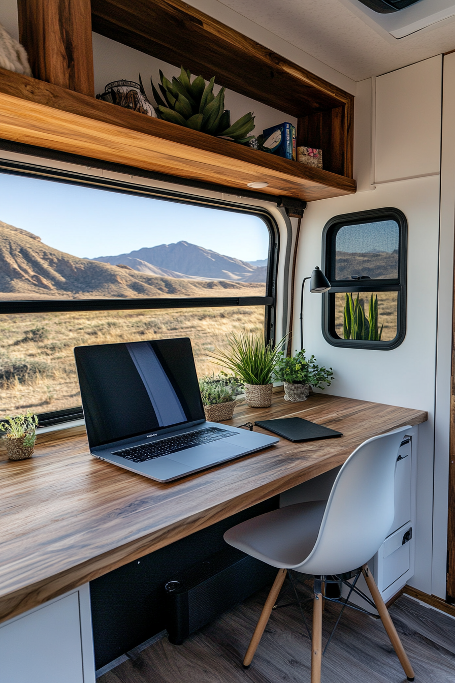 Mobile office space in RV. Sleek wooden desk facing a panoramic window.