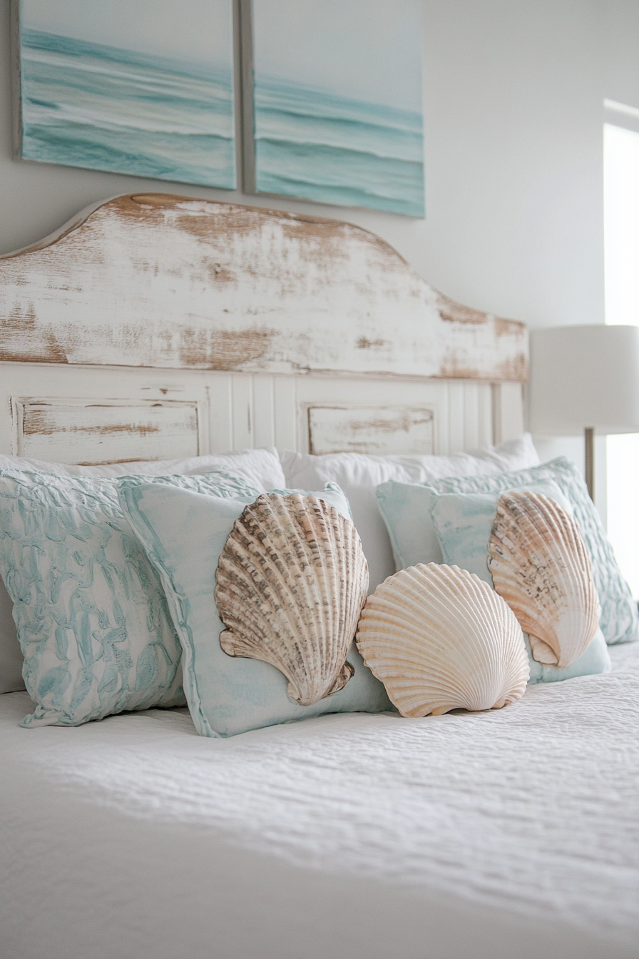 Coastal Bedroom. Whitewashed reclaimed wood headboard with painted seashells.