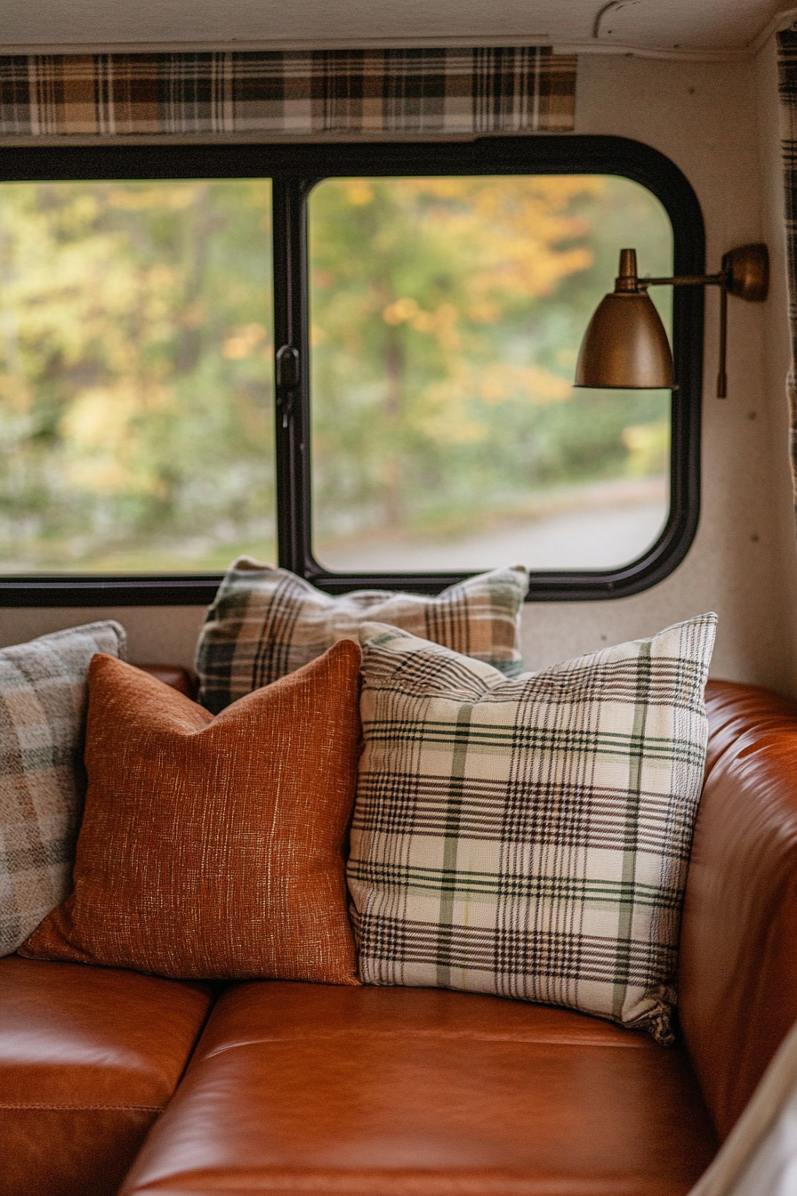 Cozy Fall RV Interior. Plaid pillows on a caramel leather couch.