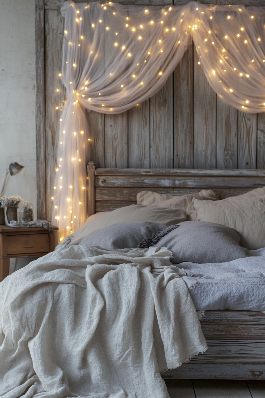 Bohemian bedroom. Fairy lights draped on a distressed wooden headboard.