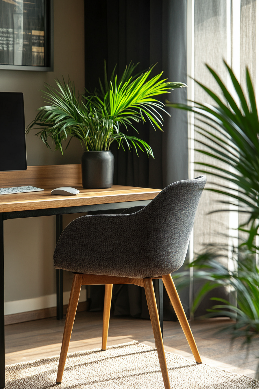 Home office inspiration. An ergonomic chair next to a wooden desk with green plant.