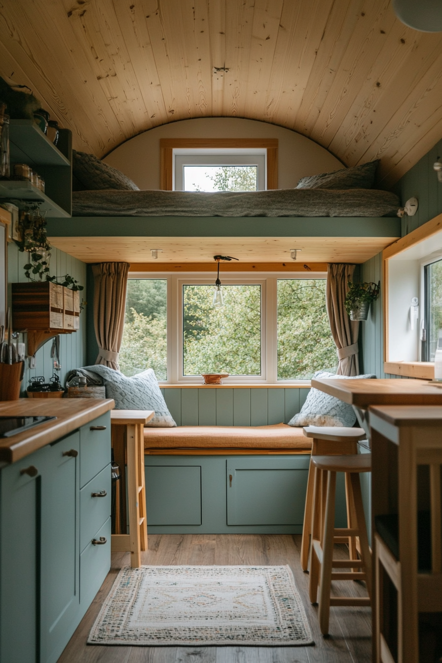 Tiny House Camper. Duck Egg Blue exterior, pine wood interior.