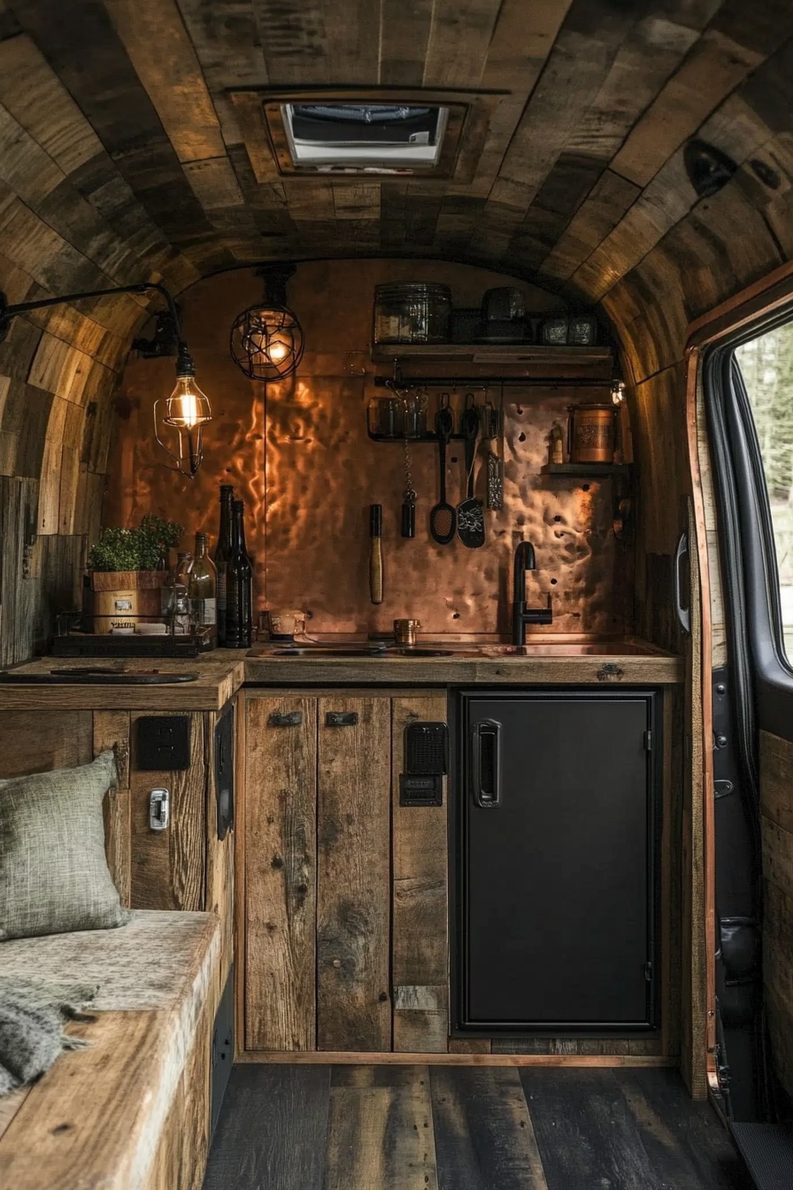 Camper Van. Copper accents. Distressed wood paneling. Black steel fixtures.