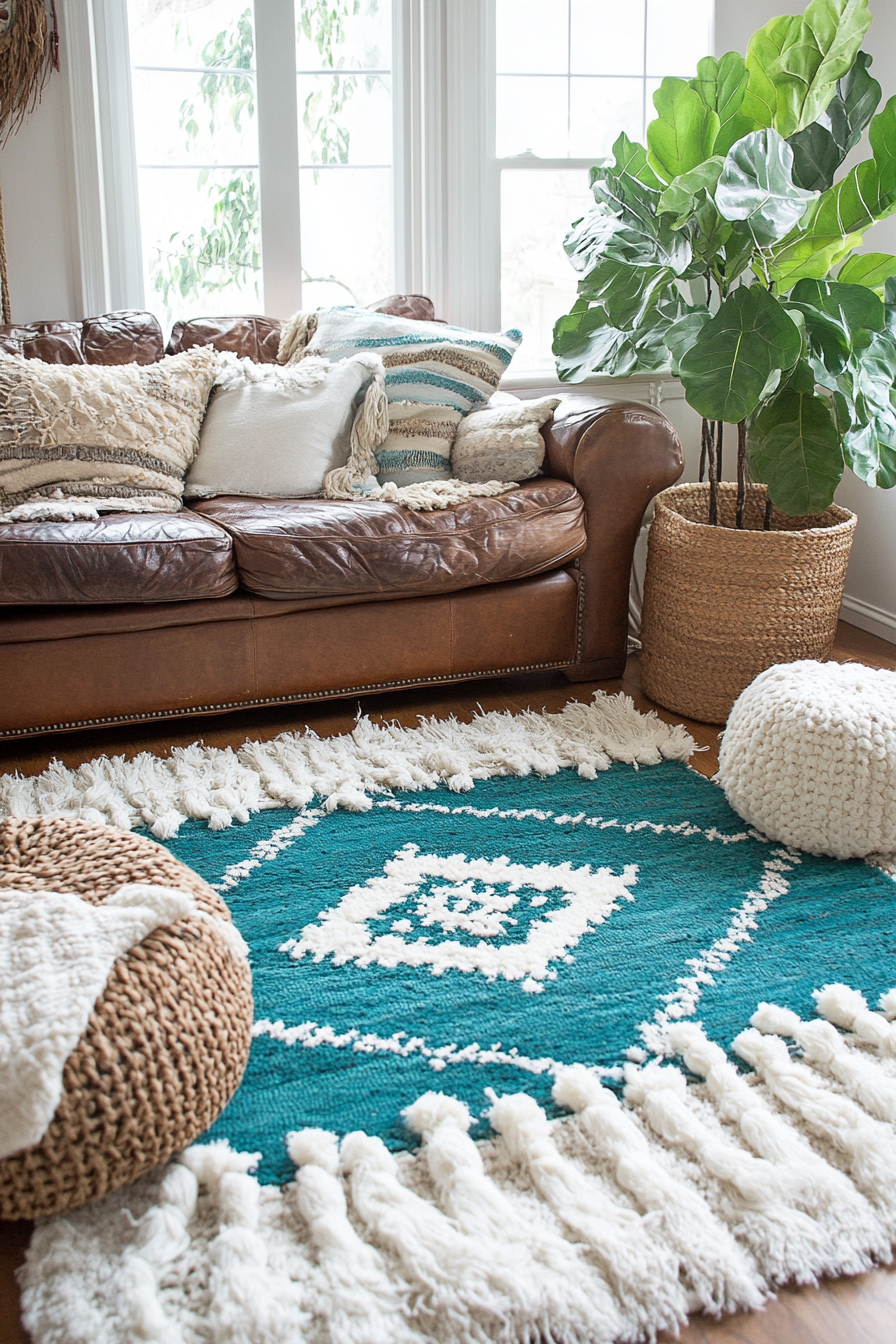 Boho living room. Turquoise Moroccan rug with white fringes.