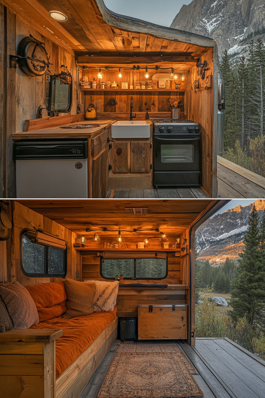 Split image. Squircle kitchenette inside, rustic wood-panelled camper against twilight mountain setting outside.