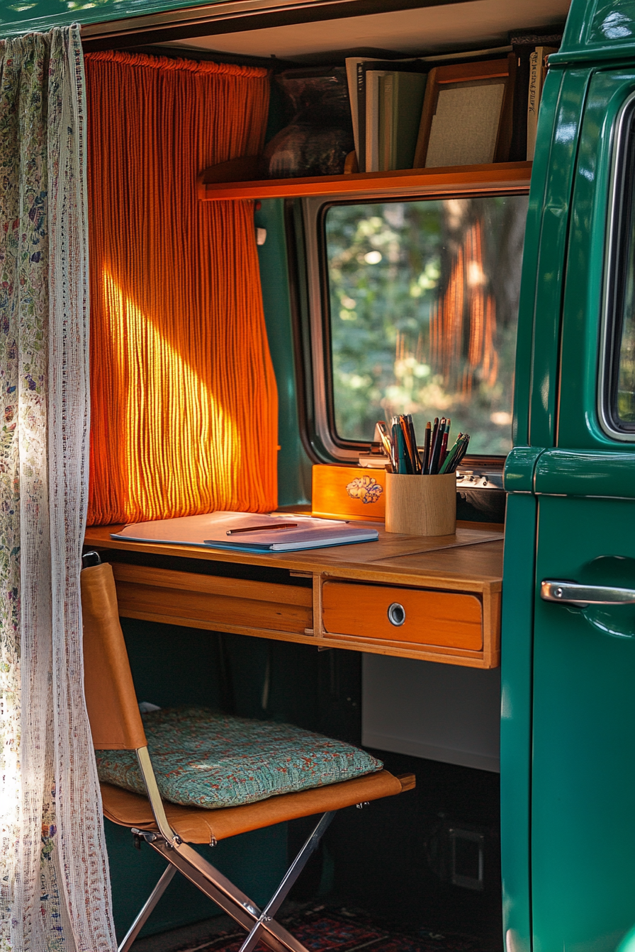 Camper van. Teal Volkswagen with built-in wooden office desk, next to vivid bead curtains.