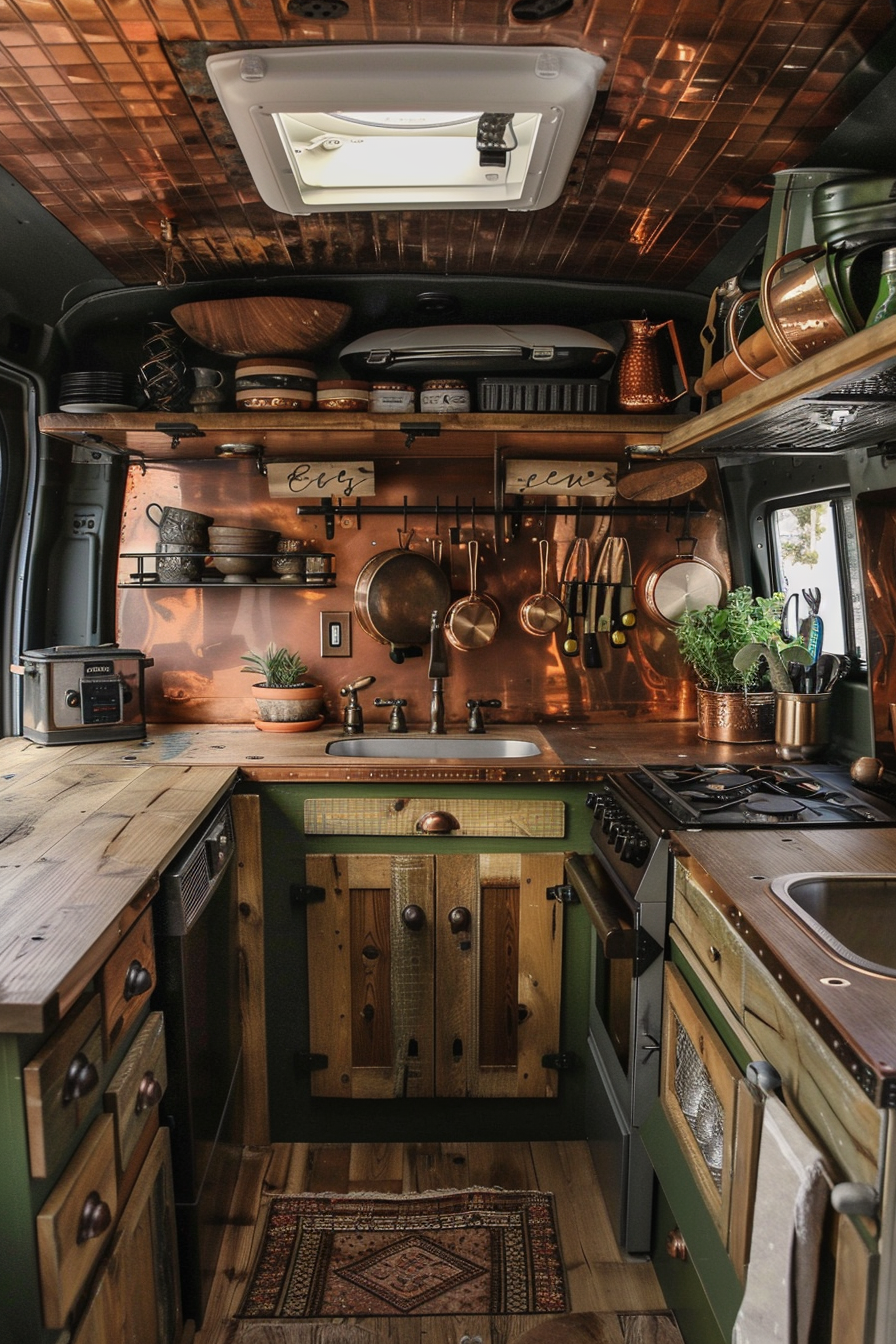 Rustic camper van kitchen. Oak wood cabinets with copper hardware.