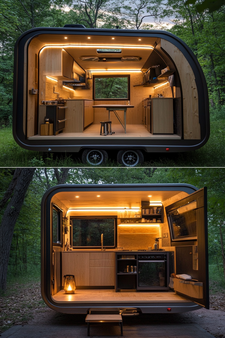 Split tiny house camper image. Illuminated interior, dusk shot exterior.