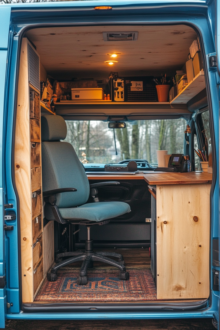 Converted van. Blue exterior, bright interior with wooden desk and ergonomic office chair.