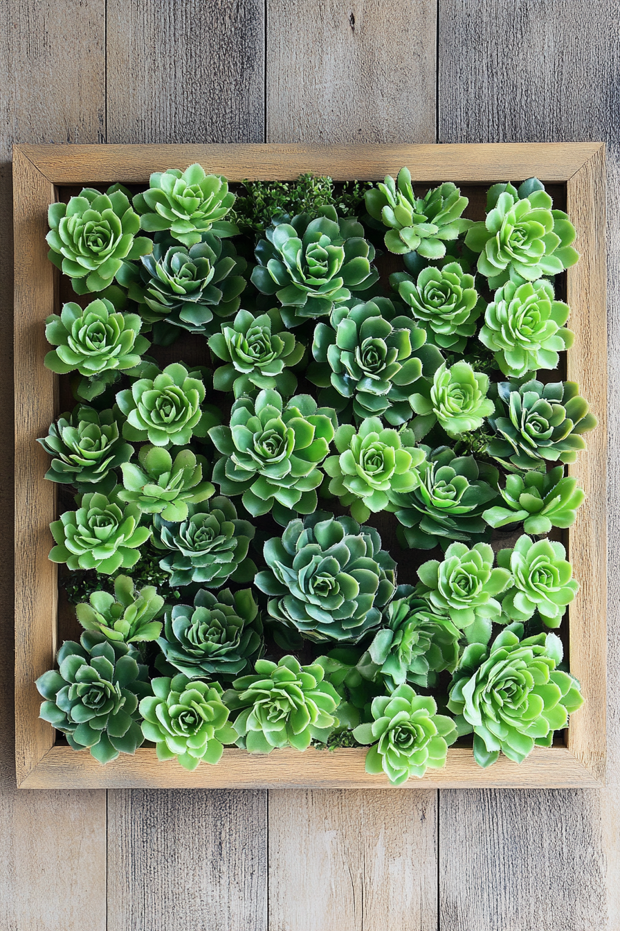 DIY wall decor. Green succulent-arrangement framed in a natural wood square.