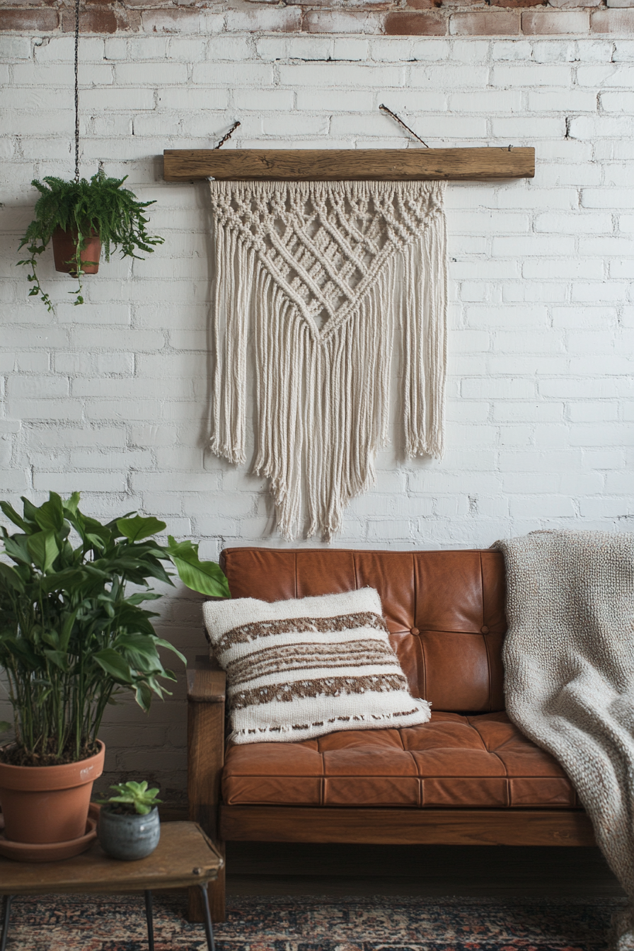 Living room design. Macrame wall hanging with potted ferns.