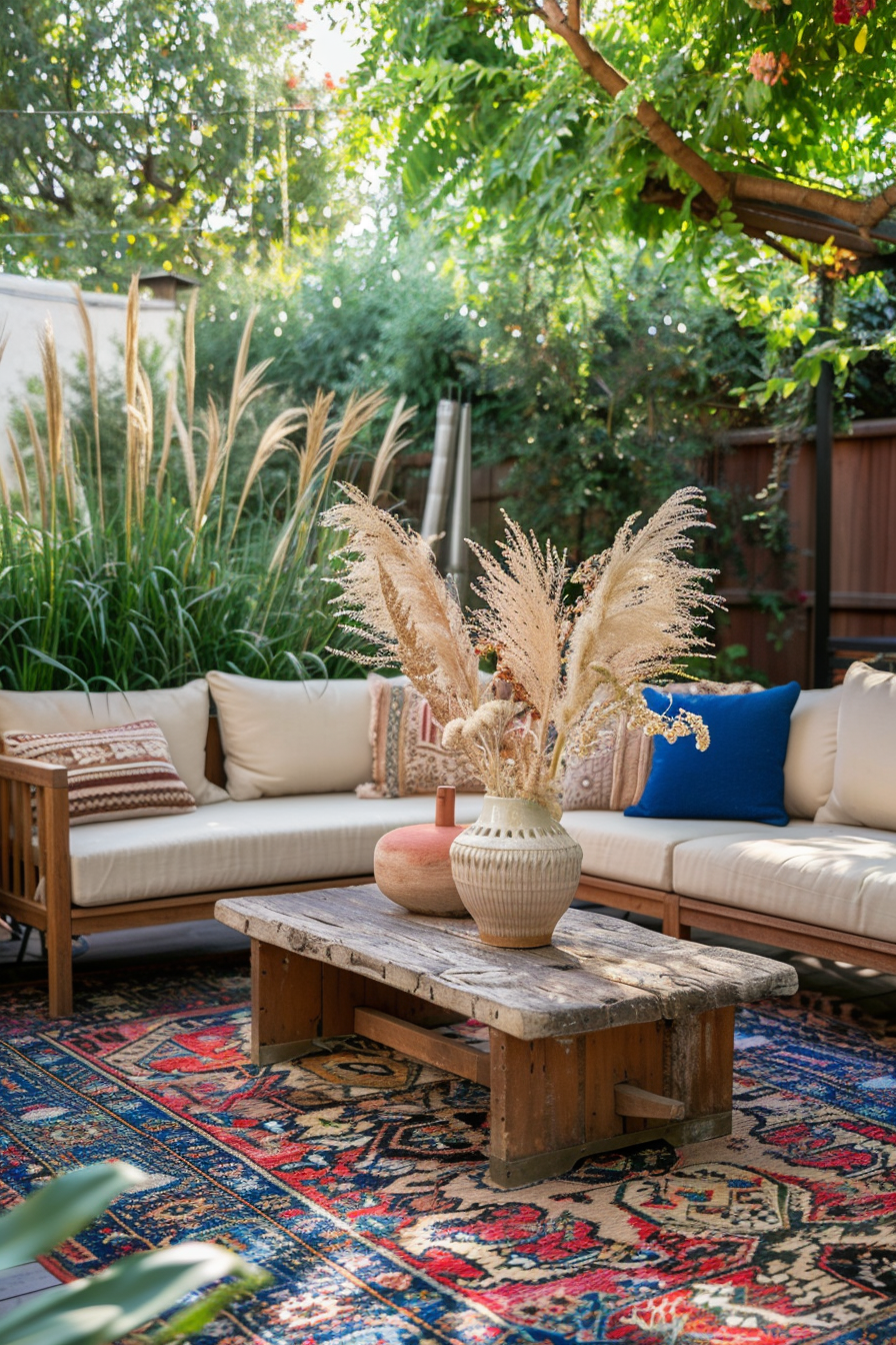 Chic boho patio. Colorful rug with macramé hanging decor and pampas grass centerpiece.