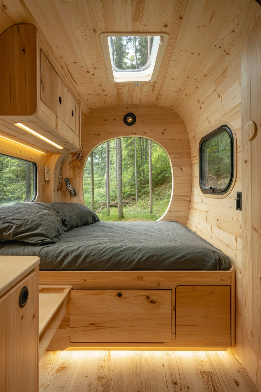 Tiny House Camper. Pine wood interior with foldable bed, adjoining lush campsite exterior.