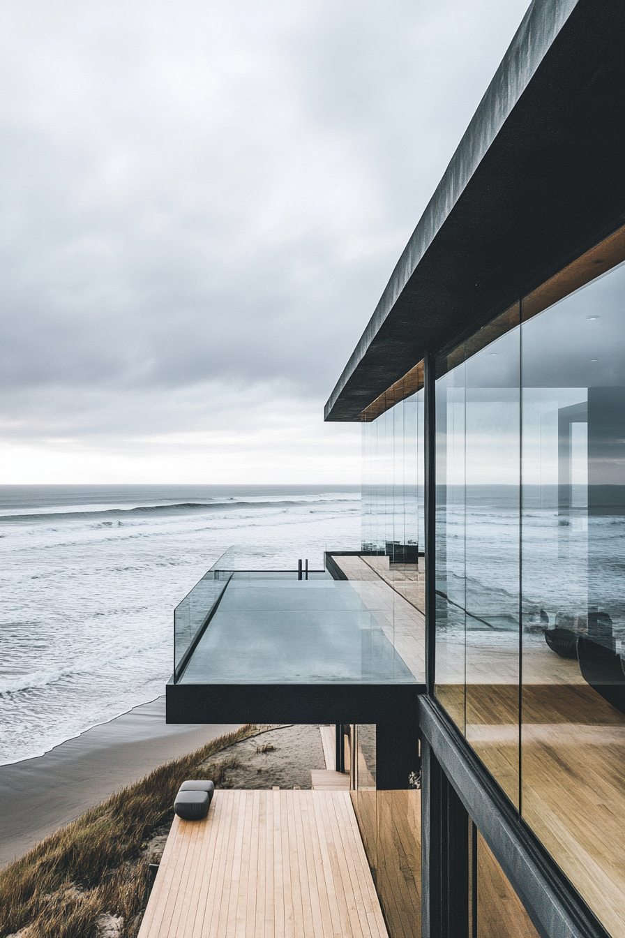 Compact beach house. Glass facade offering panoramic ocean view.