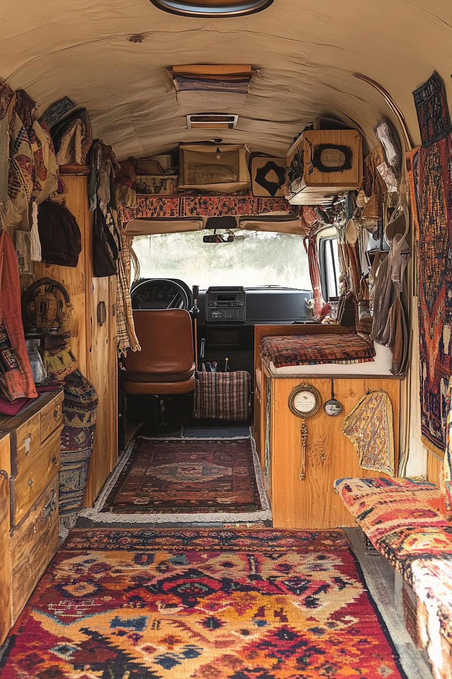 Camper van. Bohemian style interior, functioning office space, decorated with Indian pattern rugs.