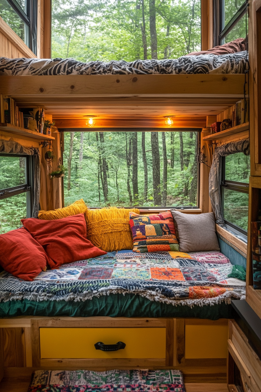 Splitted image. Colorful tiny house camper interior, lush forest exterior.