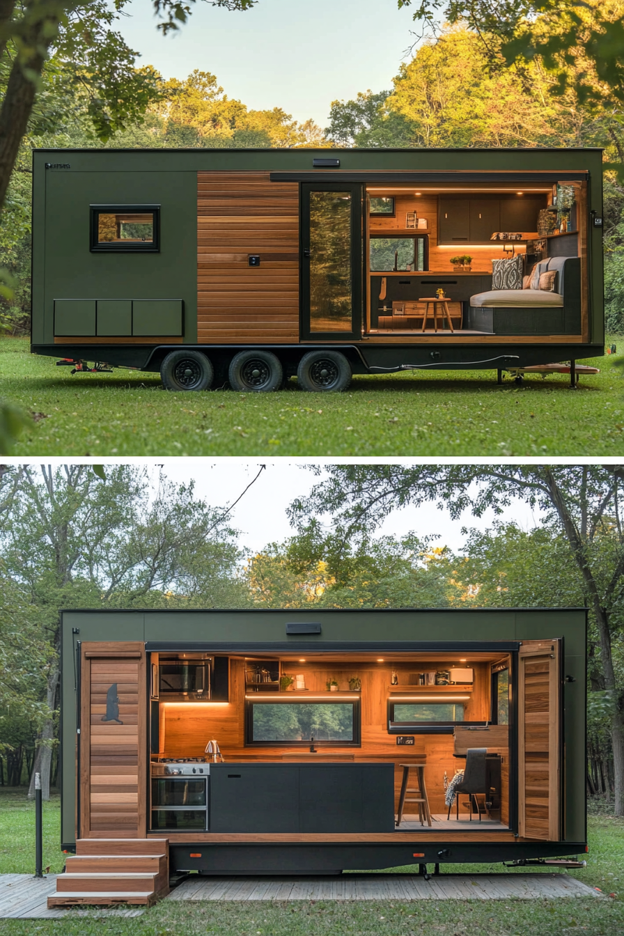 Split image. Camper tiny house's walnut interior and olive green exterior.