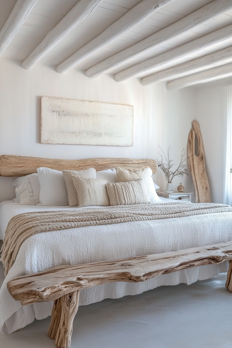 Coastal bedroom. Whitewashed wooden furniture with handmade driftwood accents.