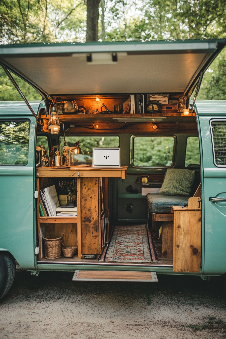 Converted van. Classic Volkswagen with foldout desk and WiFi antenna.