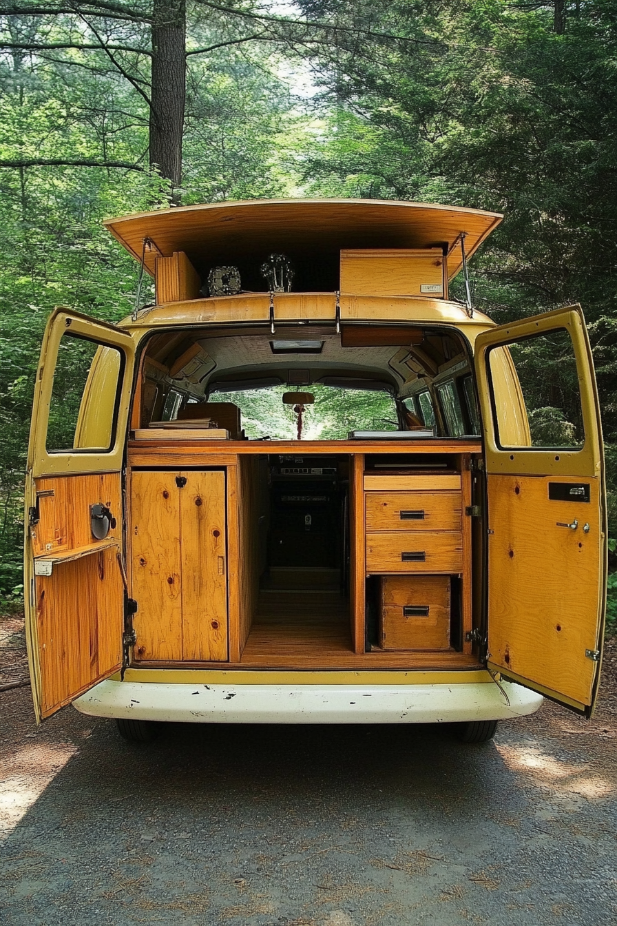 Converted van. Vintage Volkswagen with wooden interior and multilevel workspace.