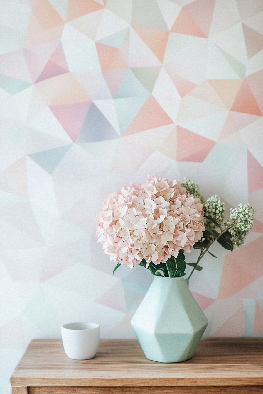 DIY wall decor. Geometric-shaped peel-and-stick wallpaper in pastel shades.