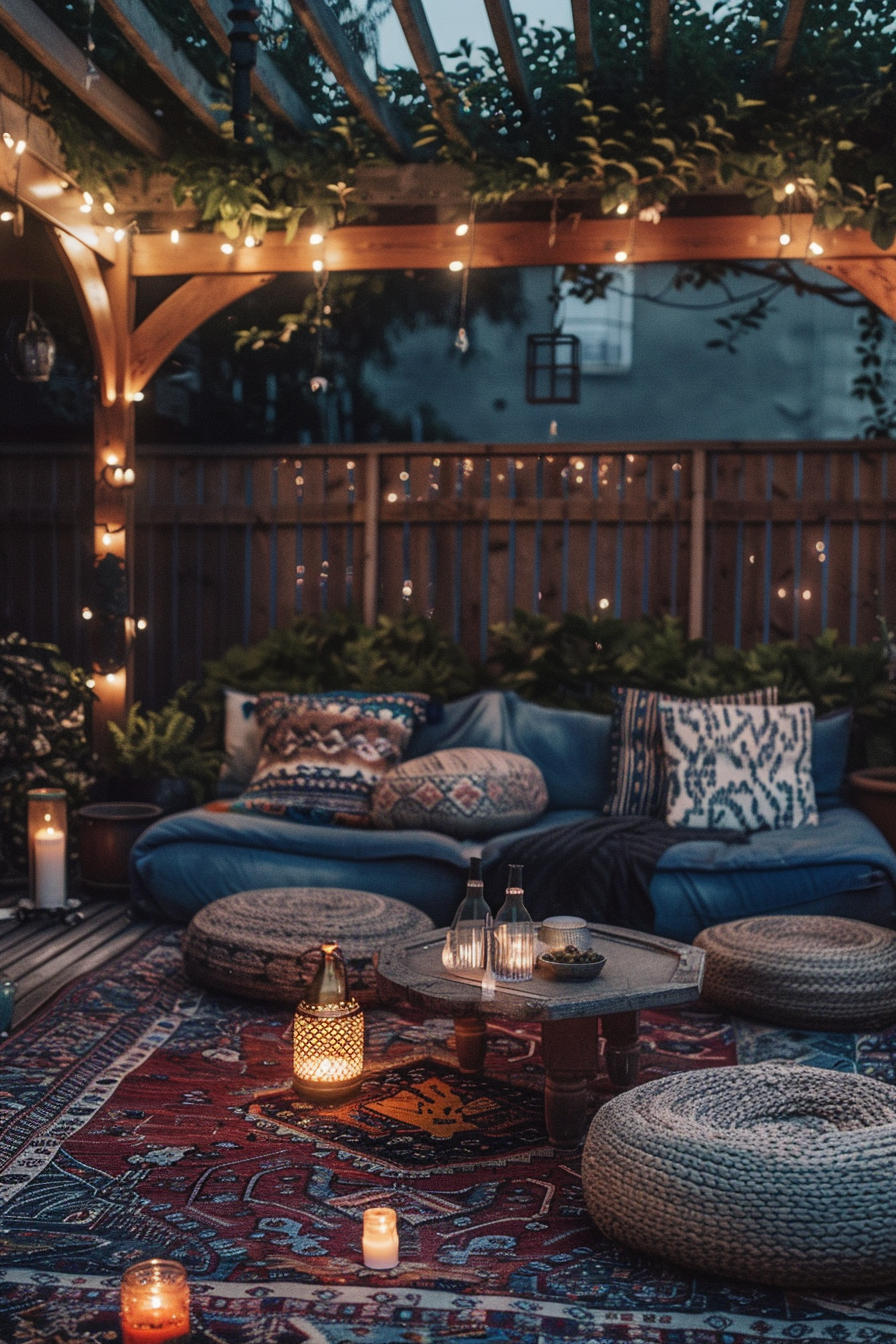 Chic Boho patio. Wooden furniture, indigo cushions, fairy lights under a quiet starry night.