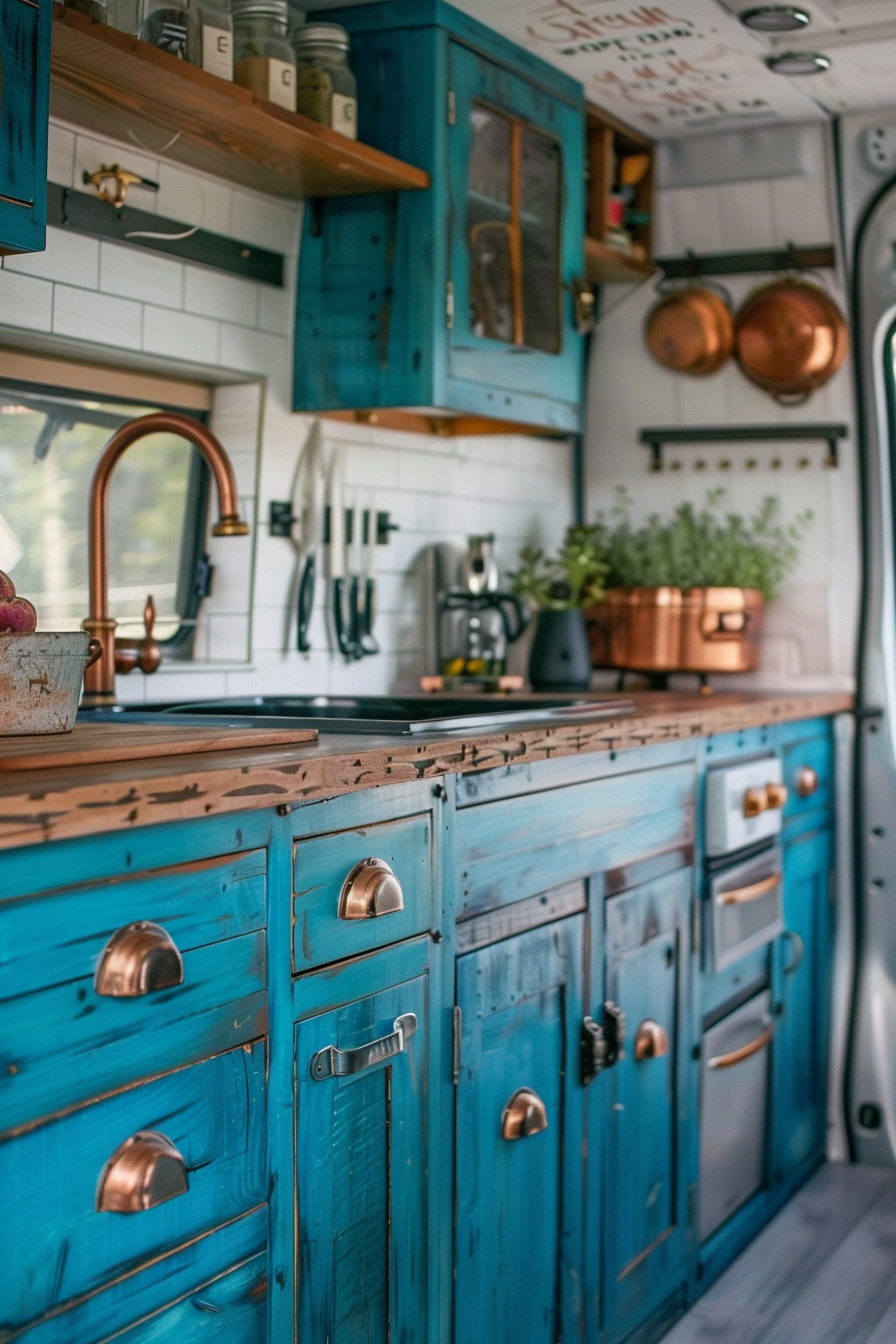 Camper van kitchen. Distressed blue cabinets with copper handles.