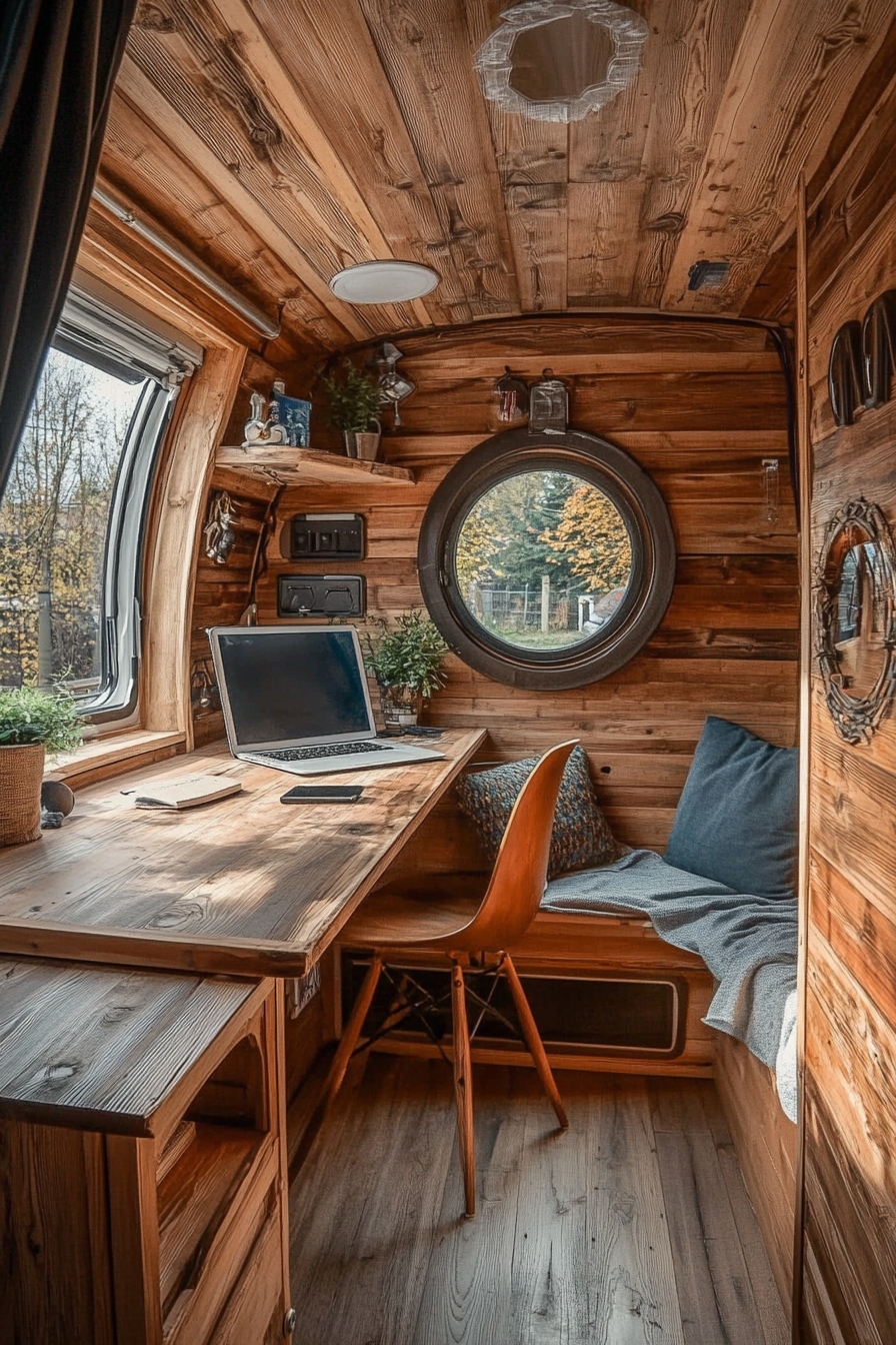 Converted van. Rustic wooden cabin design with a mounted desk by a window.