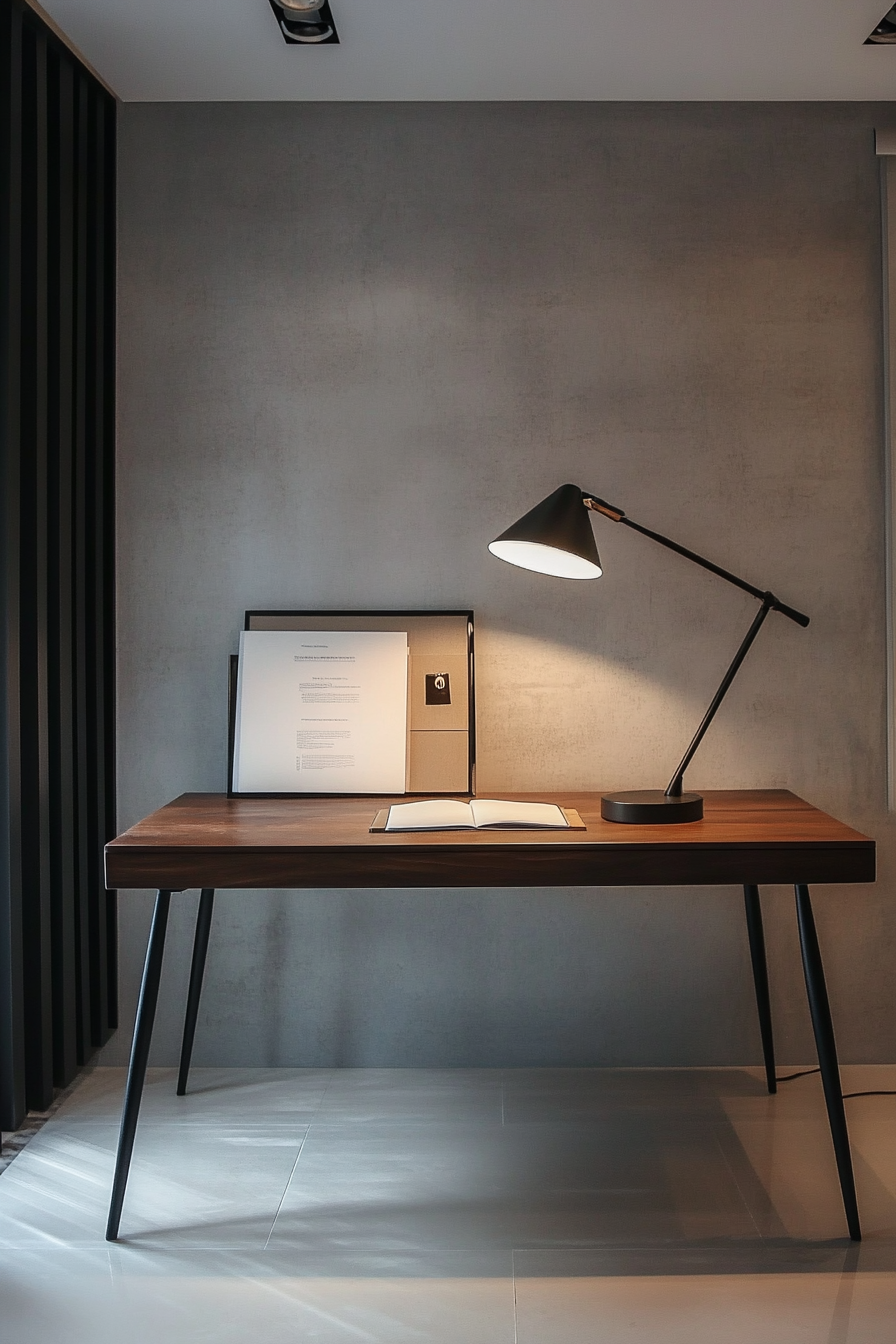 Home office design. Clean minimalist desk with sleek black floor lamp.