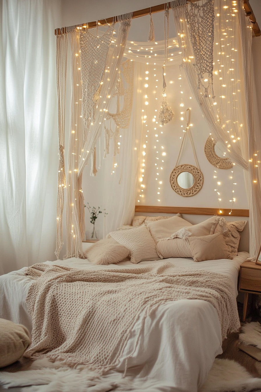 Boho Whimsical Bedroom. Macramé wall hanging with warm fairy lights.