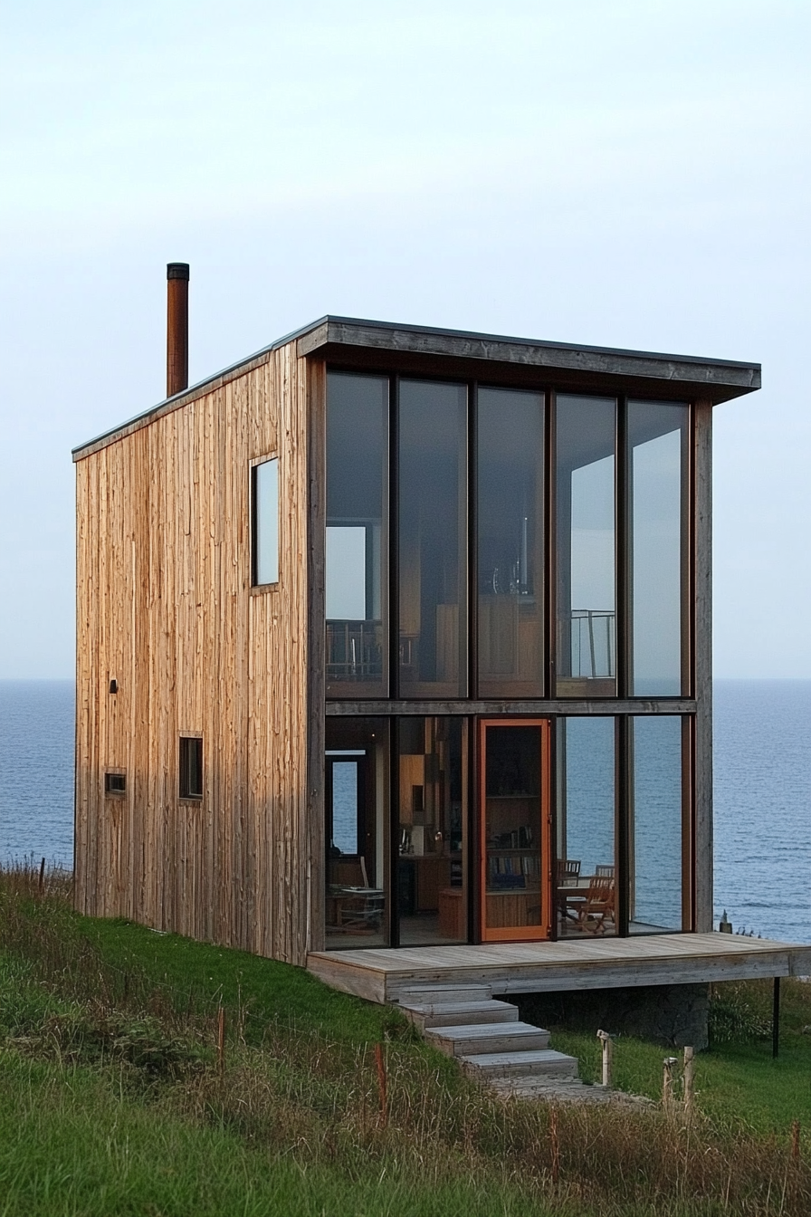 Compact beach house. Wooden exterior and full-length glass windows overlooking the ocean.