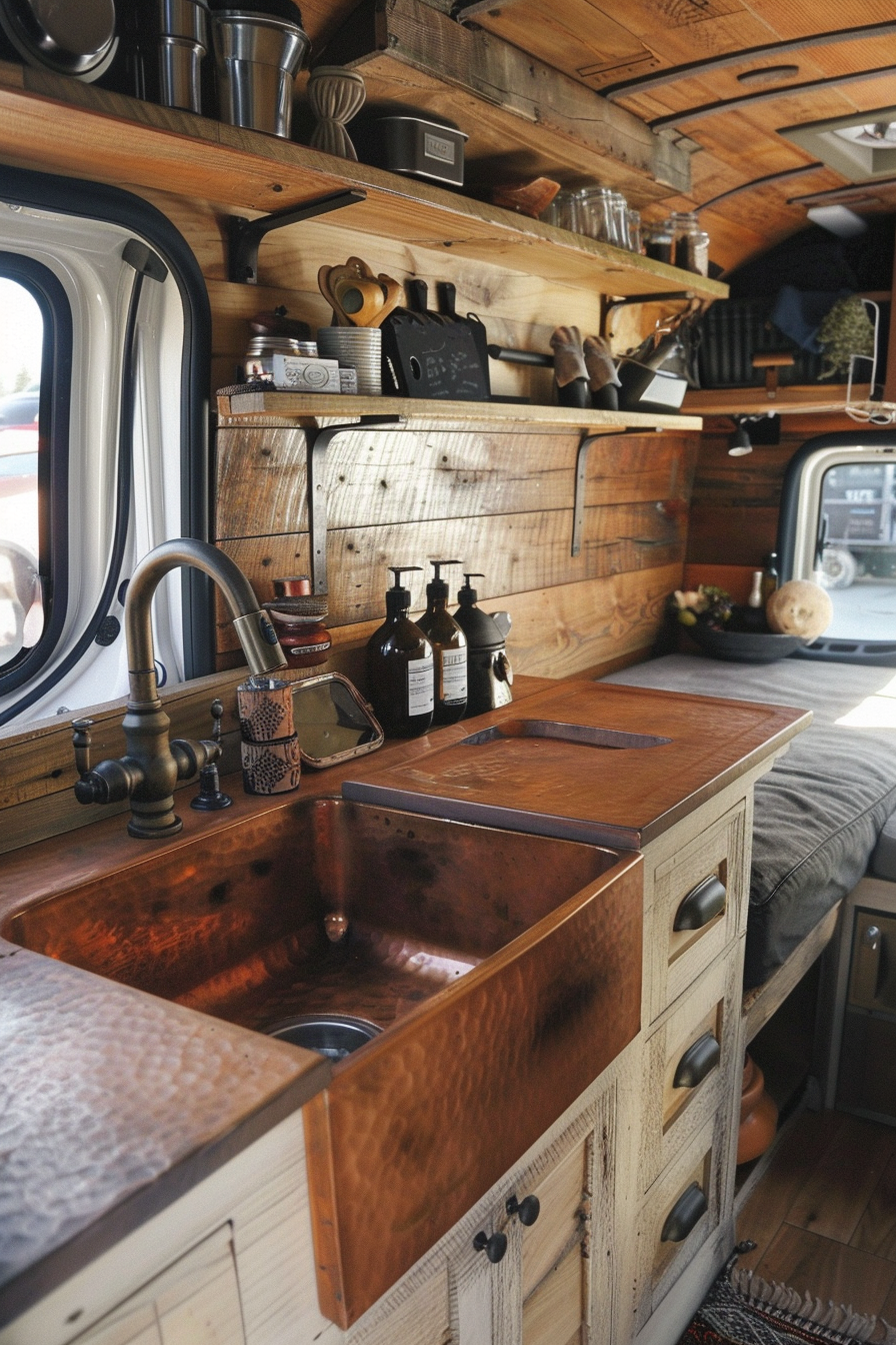 Camper van kitchen. Copper sink with reclaimed wood countertop.