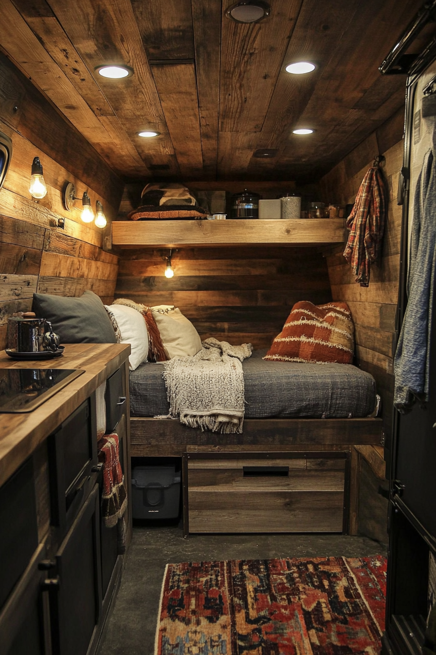 Camper van. Rustic wood paneling with industrial metal accents.