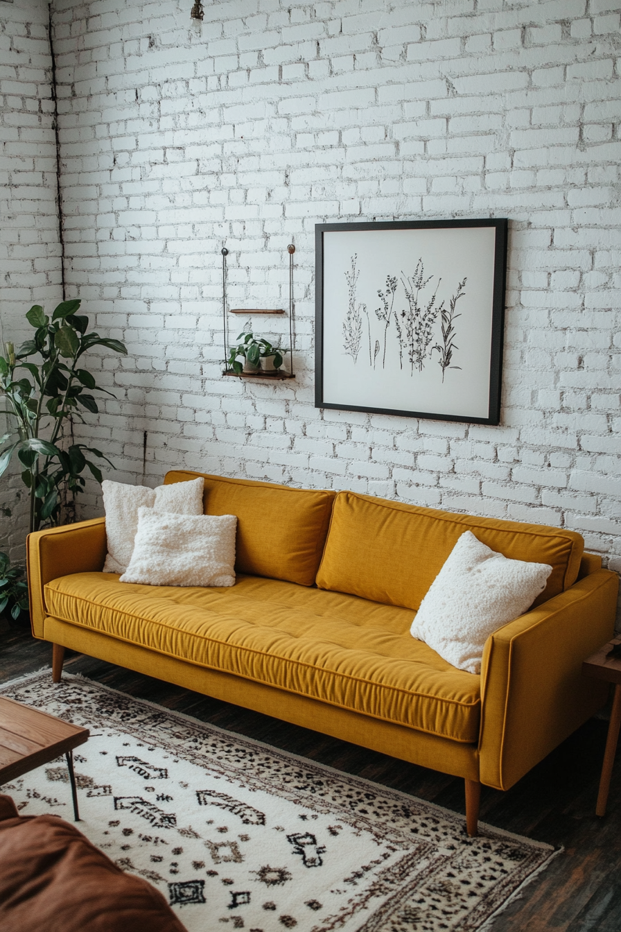 Urban tiny living room. White brick walls with a mustard yellow microfiber sofa.