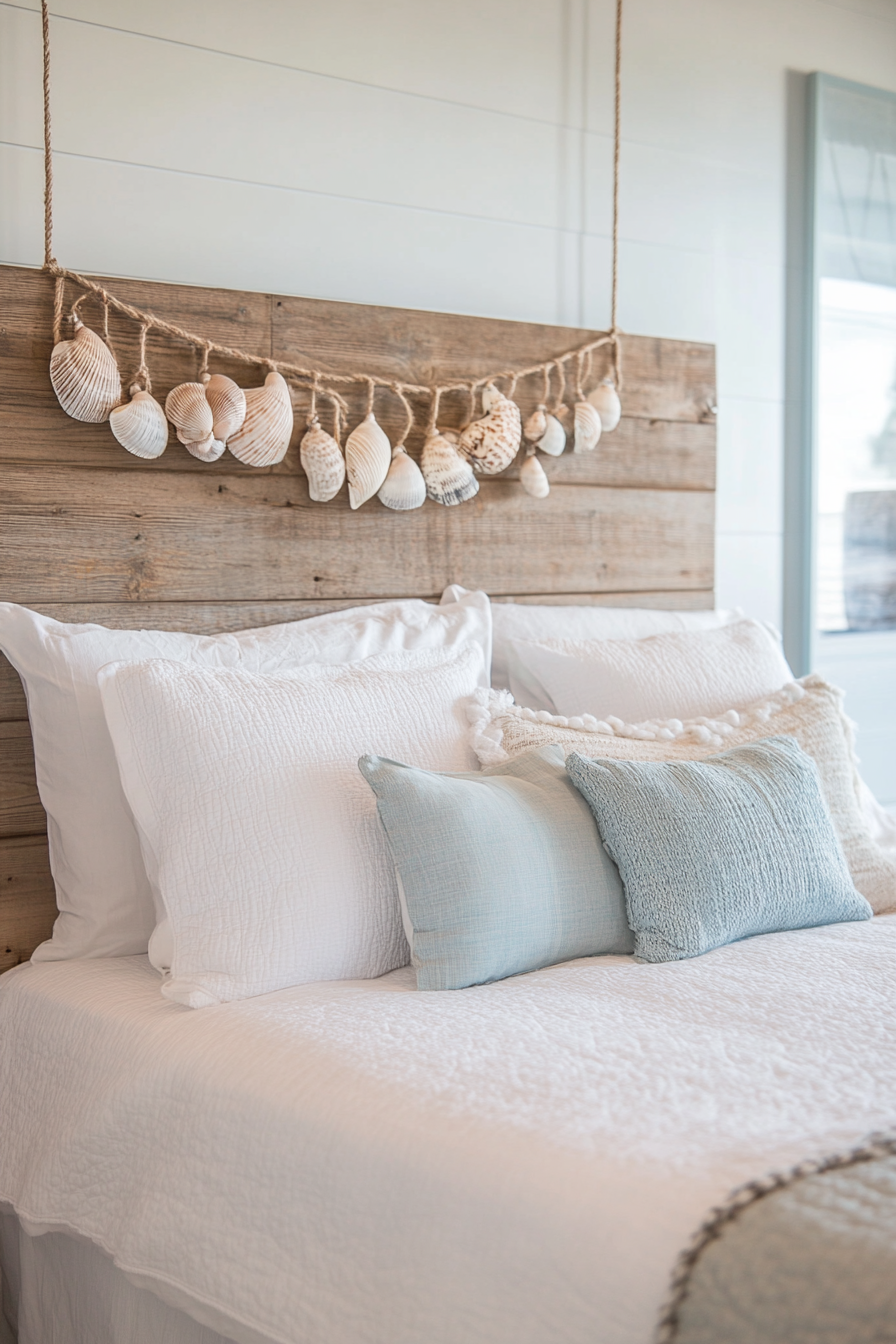 Coastal bedroom. Plank wood headboard with hanging seashell garland.