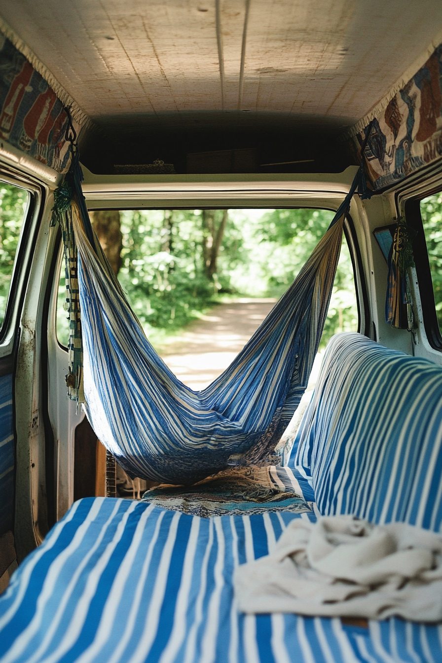 Camper van interior. Hammock amidst blue and white striped upholstery.