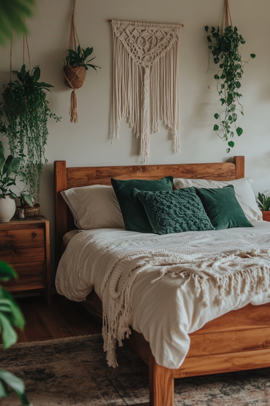 Earthy boho bedroom. Wooden bed, hanging macrame, terracotta accessories, forest green accents, scattered house plants.