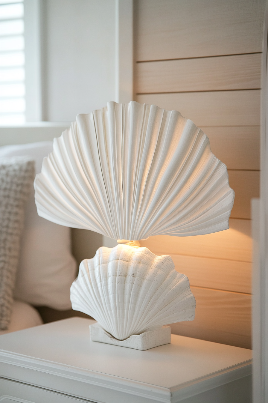 Coastal bedroom. White seashell-shaped DIY lampshade.