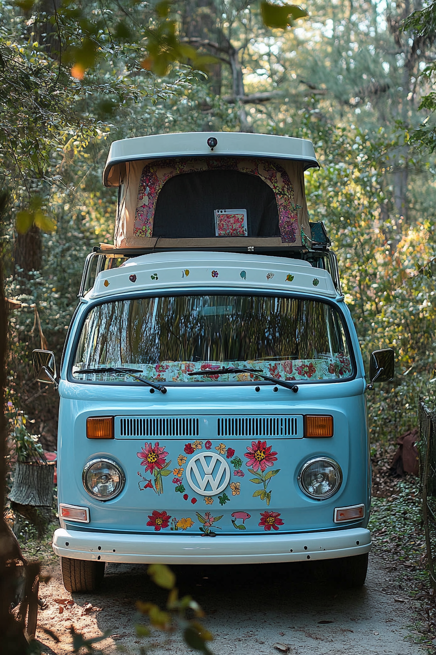 Hippie Camper Van. baby blue Volkswagen, flower decals, cozy roof-topper office setup.