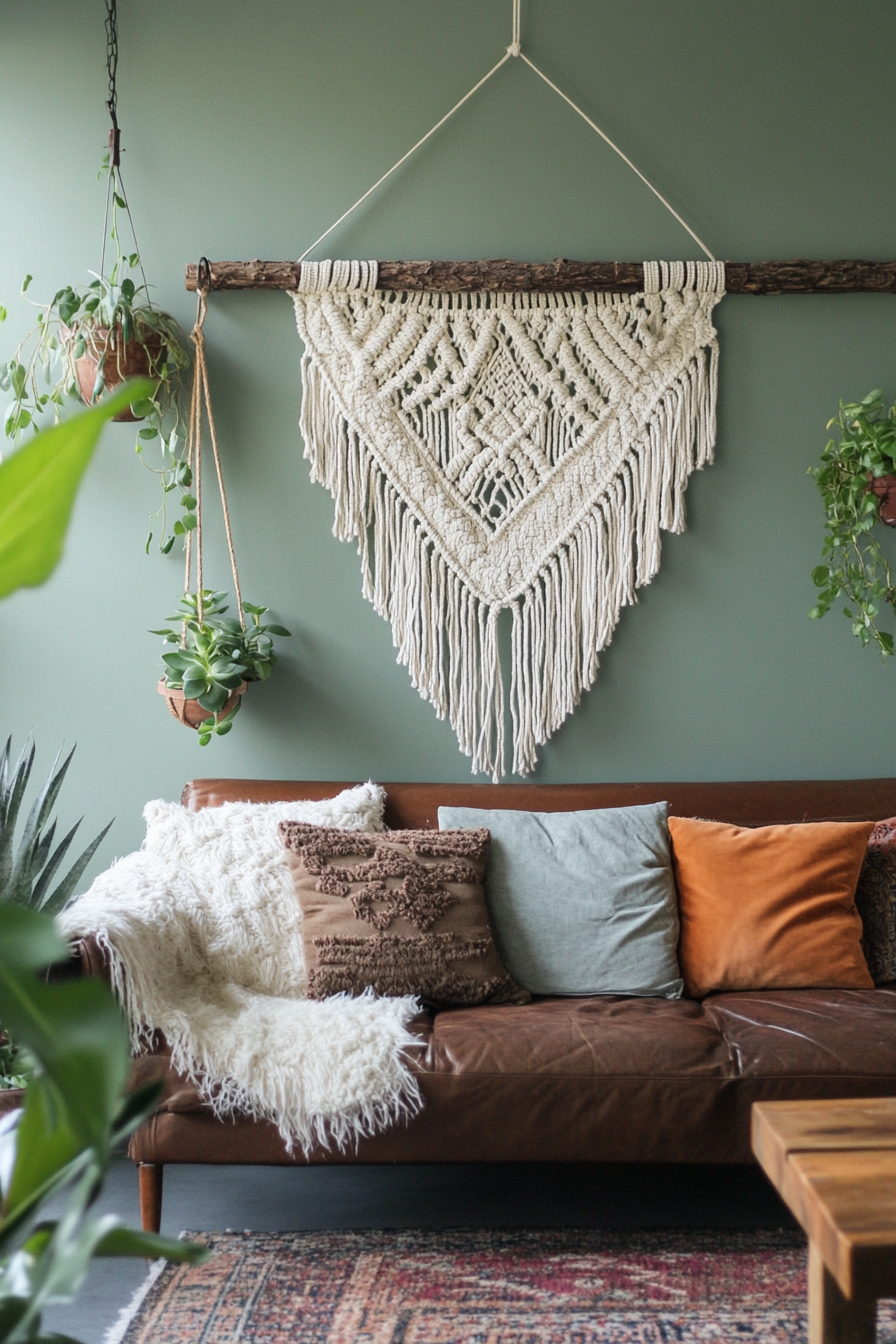 Boho living room. Macramé wall hanging with succulent plants.