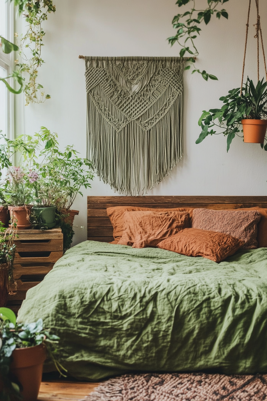 Boho bedroom view. Olive-green macrame wall hanging, terracotta bedding, houseplants in rustic pots.