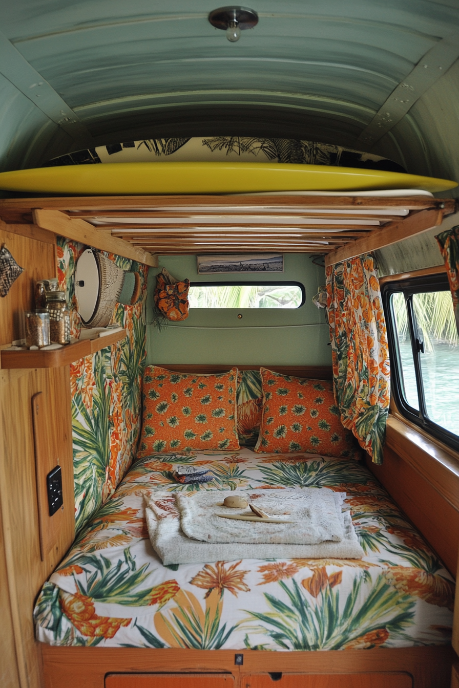 Camper van interior. Surfboard rack and tropical pattern upholstery.