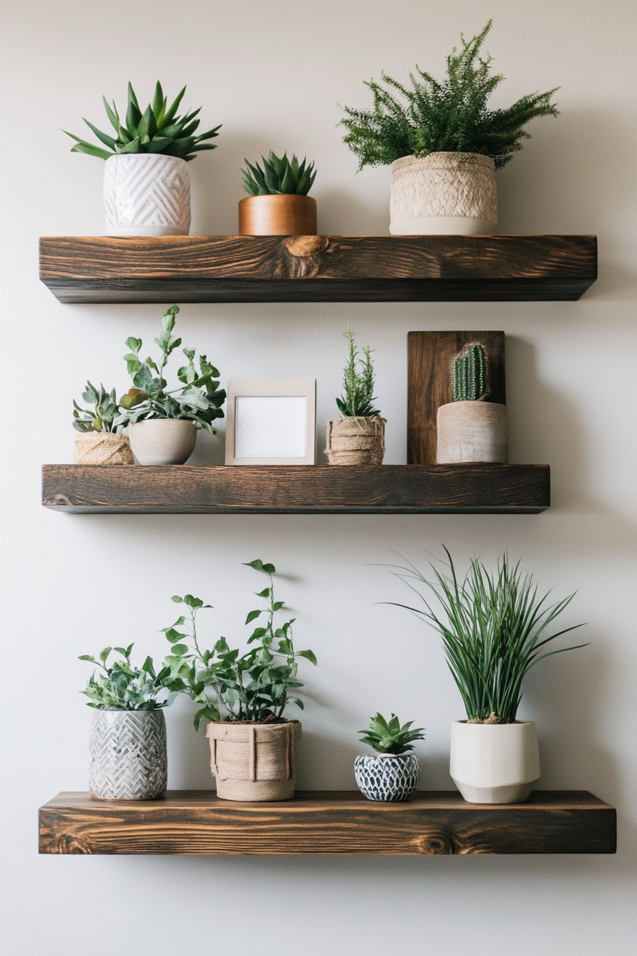 Living Room Inspiration. Wall-mounted floating shelves with indoor plants and decorative pieces.