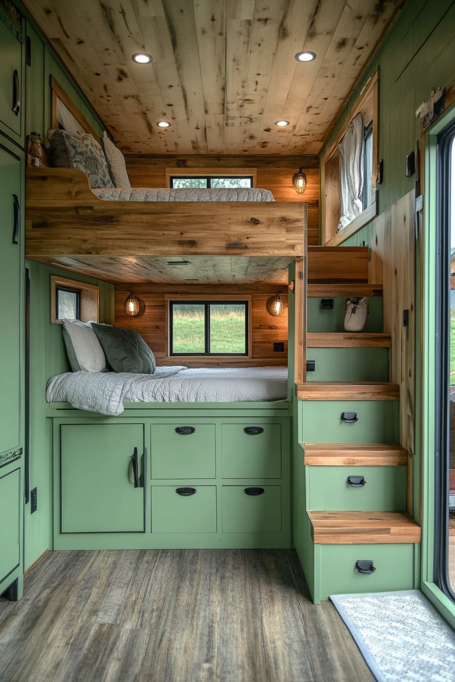 Tiny House Camper. Exterior of split verbena green unit, interior showing wooden loft bed.