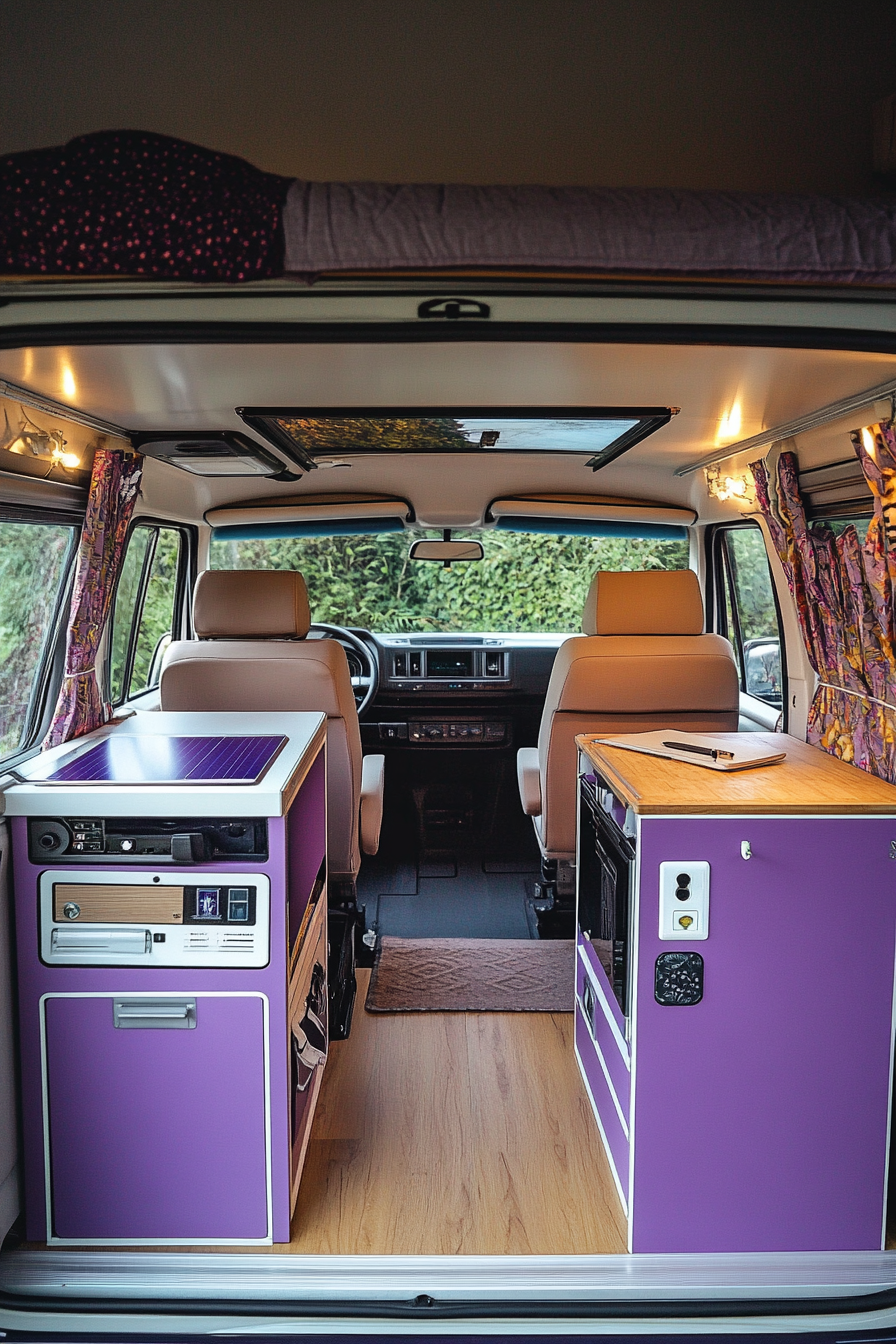 Camper Van. Volkswagen T2, lavender exterior, solar panels, foldable office setup inside.